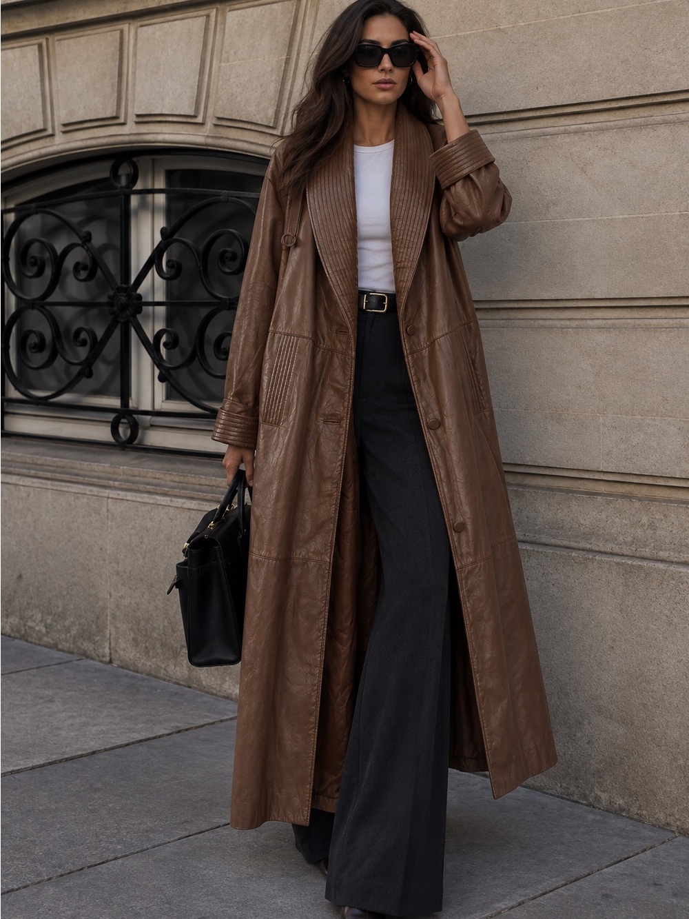 Vintage 1985 PELLE New York Milano Genuine Leather Long Coat Brown M